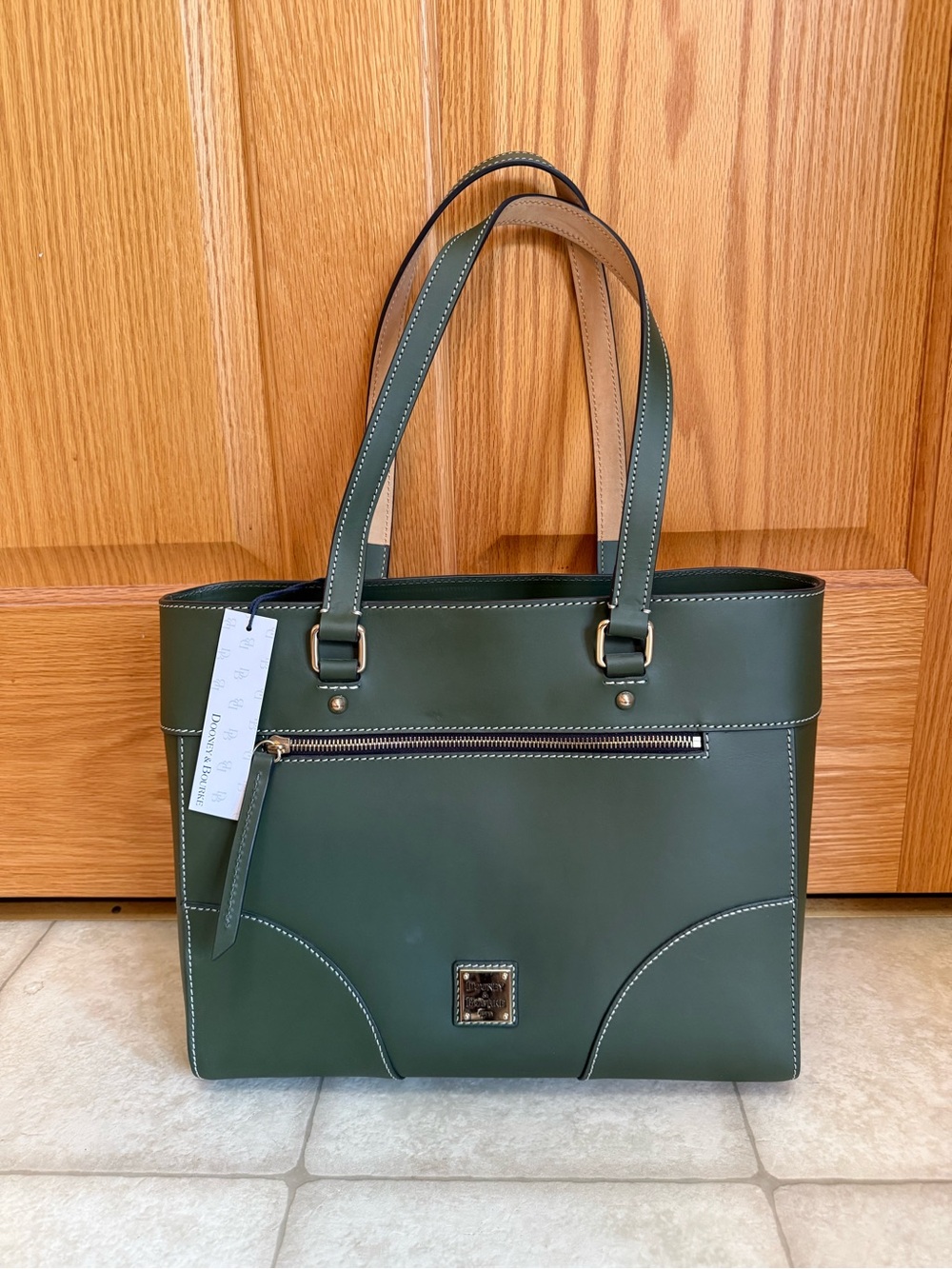 Dooney & Bourke Olive Green Leather Tote with Contrast Handles